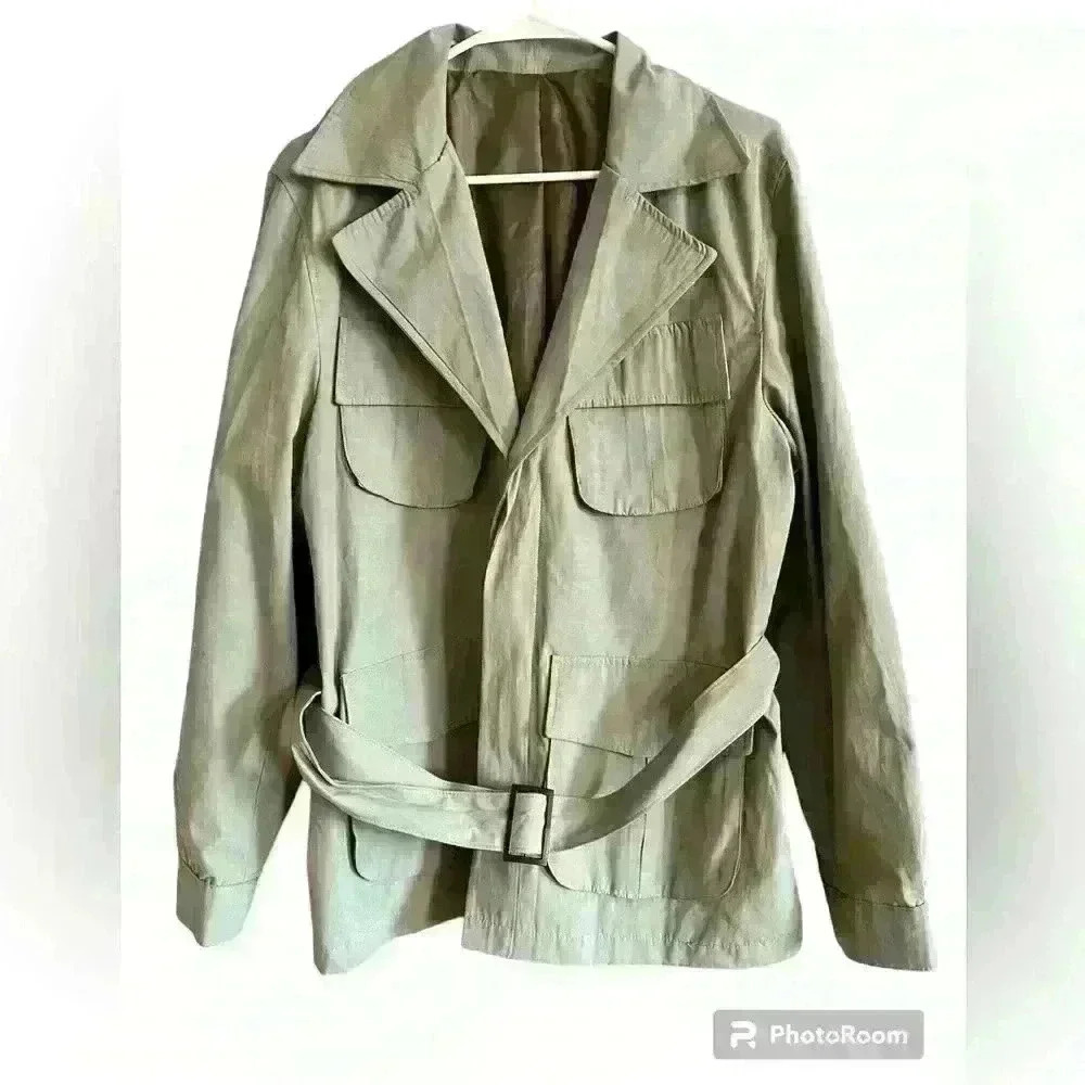Sage green, fully lined,‎ belted trenchcoat. Size large